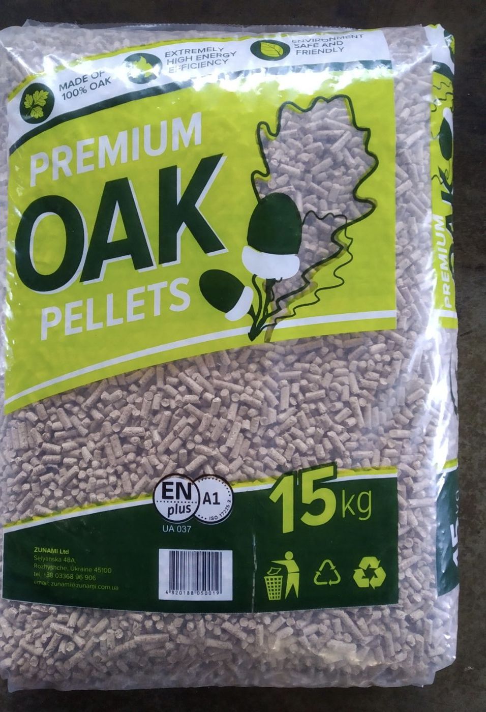 15 kg bag of Oak Zunami wood pellets, ENplus A1